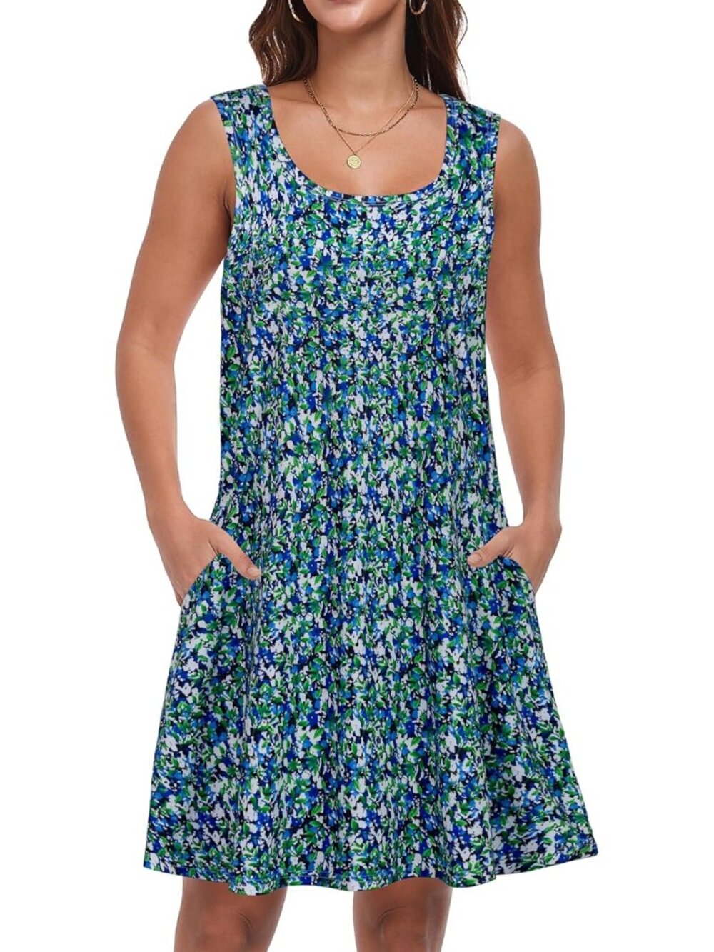 Women's Blue Floral Crew Neck Beach Boho Dress Casual Sleeveless Pockets Dress